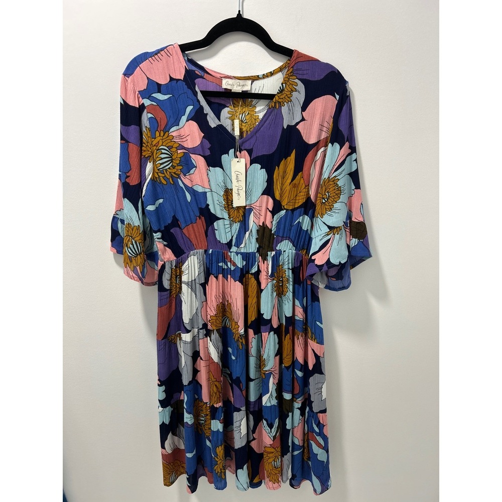 Charlie Paige Floral V-Neck Midi Dress Blue Pink Rayon Bell Sleeve Medium